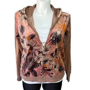 Studio Works Sport Womens Hoodie Velvet Velour Floral Print Hooded Sweatshirt